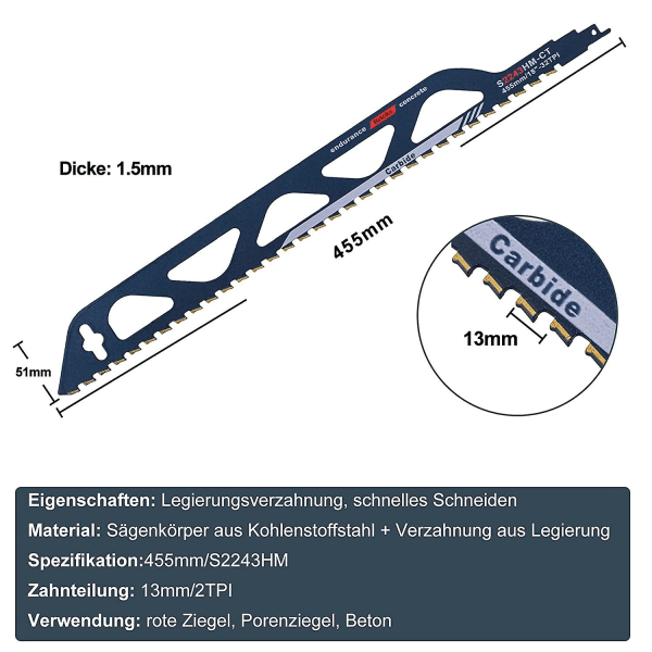 Volframikarbiditeräksinen miekkasahan teräsahan tarvikkeet hiilihapotettuun betoniin, tiileen, betoniin, pituus (455 mm (s2243hm))