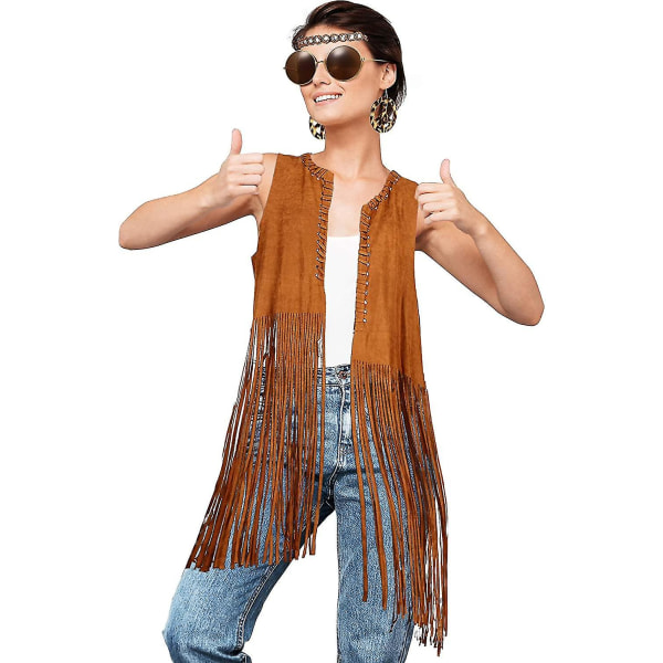 4 stykke kvinder hippie kostume sæt frynser vest Faux Seude kvaster vest Small