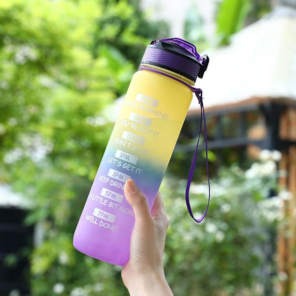 1000ML Sports Vandflaske Motiverende Halm Flaske med Tidsmarkering Lækagesikker Drikkflaske til Hjem Udendørs Pink Yellow