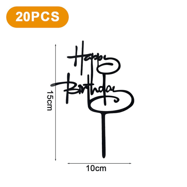 20kpl musta Happy Birthday Cake Topper Akryyli, Syntymäpäiväkakun päällinen syntymäpäiväkoristeet