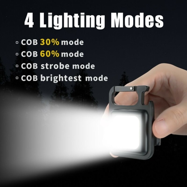 2 stk nøkkelring lommelykt Mini LED lommelykt Liten USB oppladbar bærbar arbeidslys 4 lysmoduser, sammenleggbart stativ Campingflaskeåpner-HARRY
