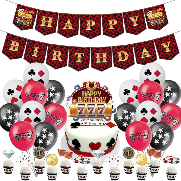 Casino Las Vegas Festdekorationer Casino Poker Magic temadekoration, Grattis på födelsedagen Banner, Svart Vit Röd Latexballong, Cupcake Topper Happy Bir