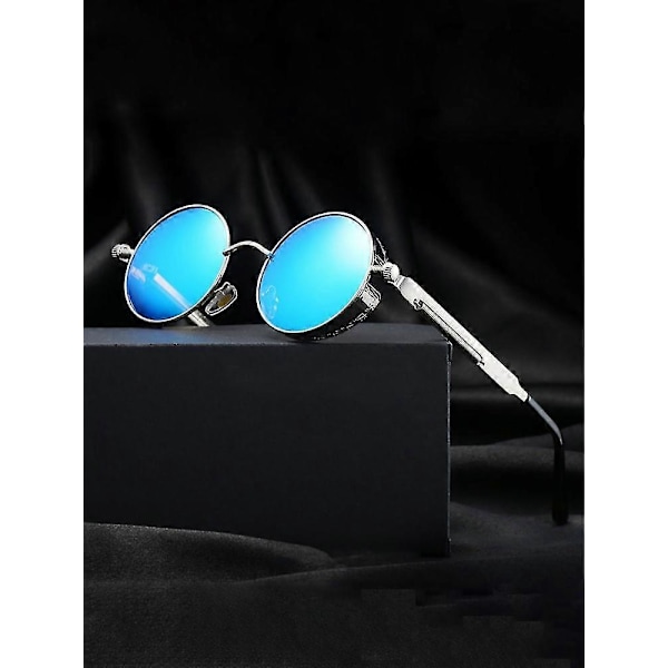 Metalliset Steampunk-aurinkolasit Miehet Naiset Muoti Pyöreät Lasit Merkki Suunnittelija Vintage Aurinkolasit Korkealaatuiset Oculos De Sol 2023 Gold Blue 1 pcs