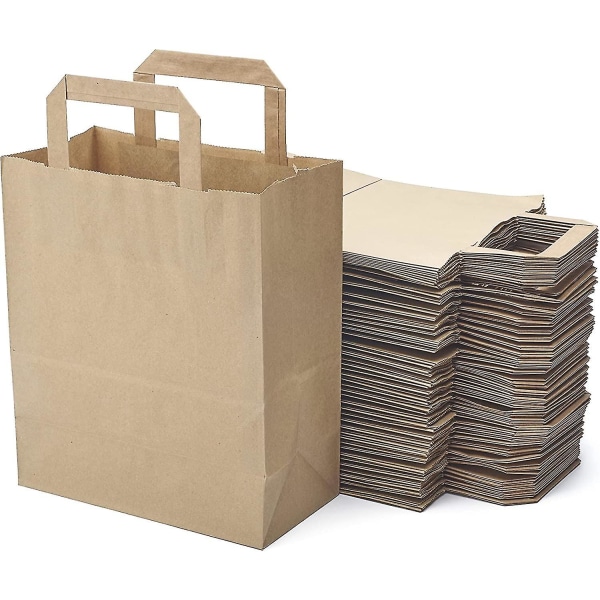 Lot De 50 Sacs Marrons Cabas En Papier Kraft Avec Poignes Plater - 21x11x25 Cm - Sac De Courses/emballage Cadeau Pour Anniversaire, Noel, Mariage.