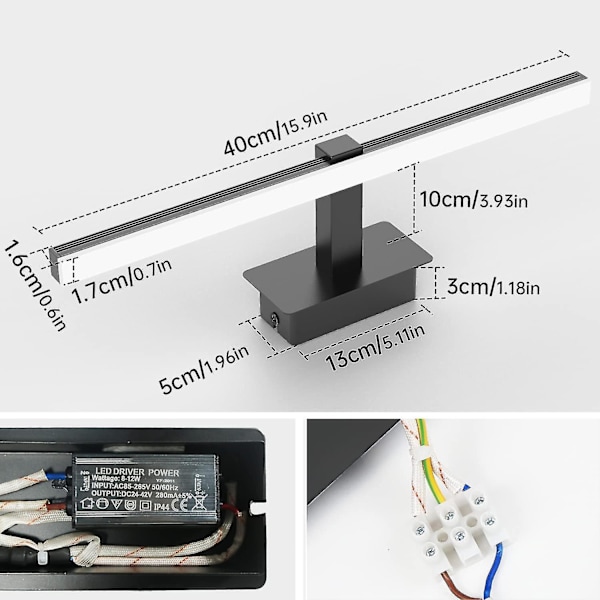 LED Spejllys 9w, Badeværelsesspejl Lampe Kold Hvid 6000k Spejlfront Belysning 40cm Badeværelsesskabsbelysning 720lm LED Spejlvæglampe Sort Til