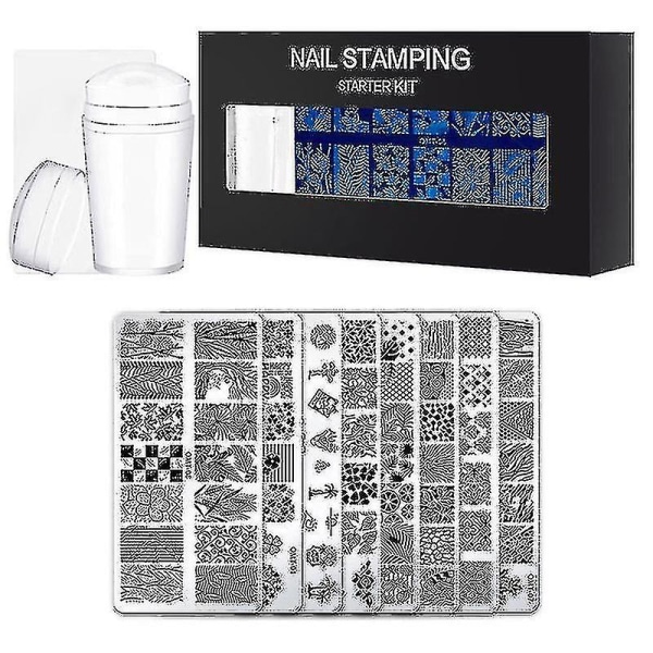 Set med 10 nagelstämpelplattor med silikonklar stämpel och skrapa - med blommor och geometriska mönster för nail art , manikyrkonst