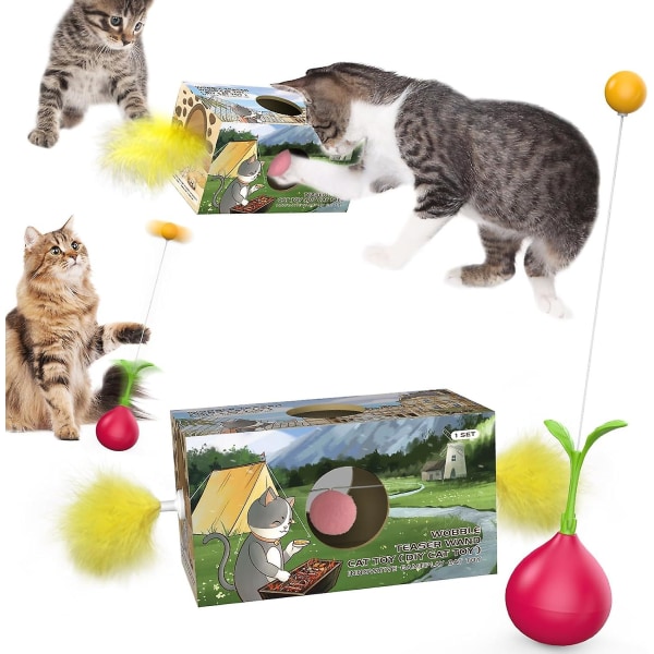 2-i-1 katteleke, interaktiv katteleke for innendørs katter Selvopprettende gyngende fjær katteleke, multifunksjons katteleke