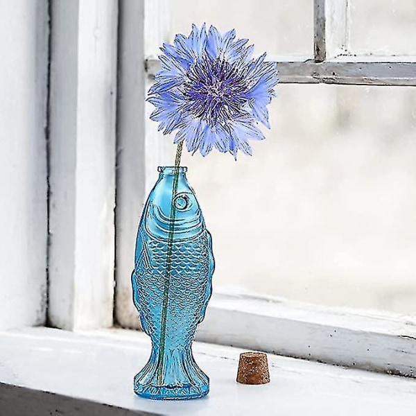 Fiskeformet vase, dekorativ glasskaraffel med trekork, blomsterflaske midtpunkt for stue, spisebord, kjøkken, pakke med 3, kapasitet 50