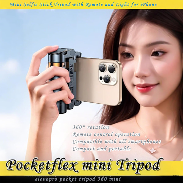 PocketFlex mini -jalusta, Elevopro Pocket 360, kaukosäädin ja valot iPhonelle (musta, mini-jalusta).