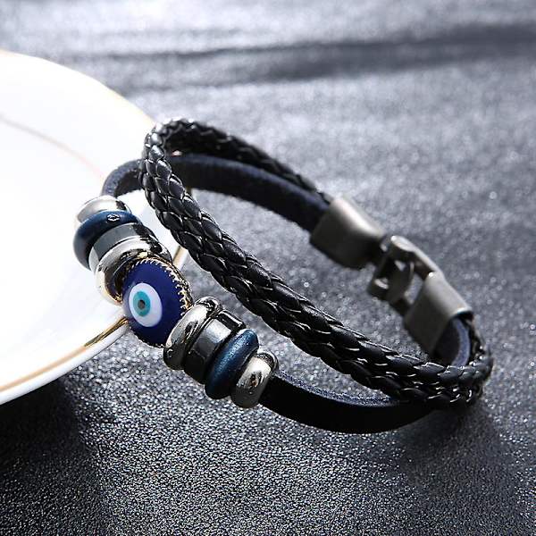 Multi-lags læderarmbånd med onde øje til mænd, etnisk armbånd, vævet læderarmbånd, beskyttelsessmykker