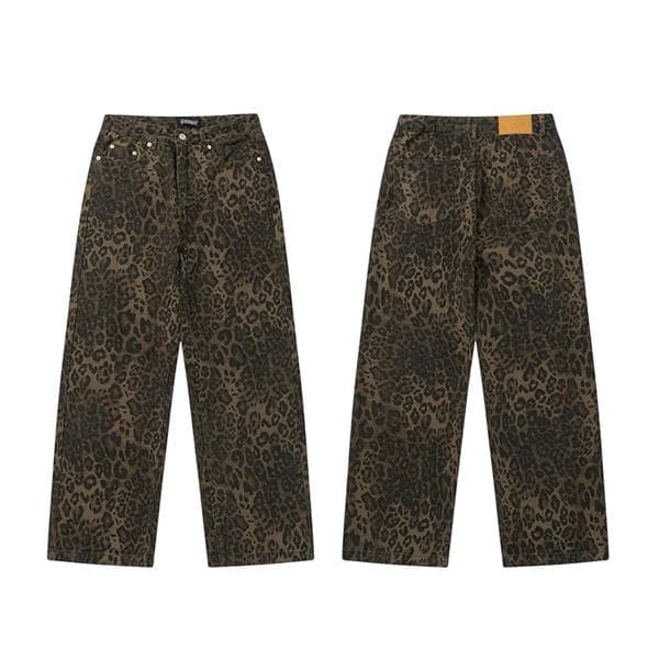 Bruna leopardjeans - Dambyxor i denim med vida ben - Leopardmönster leopardtryck leopard print M