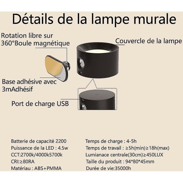 Indendørs væglampe, berøringsled væglampe med usb-opladningsport berøringskontrol, 3 lysstyrkeniveauer 3 temperaturer 360 roterbar sengelampe til soveværelse