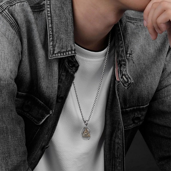 Mænd 925 Sterlingsølv Masonic Illuminati Pendant Vintage gotisk altseende øje Frimurer Signet Halskæde Eye Of Providence Master Mason Symbol