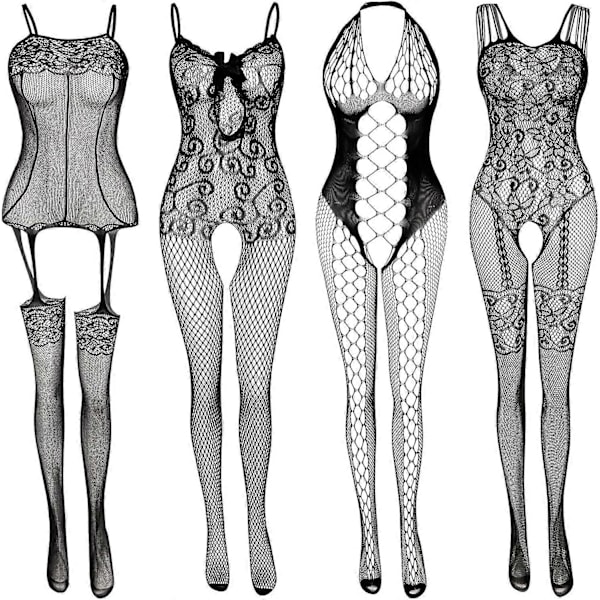 Fisknätsunderkläder för Kvinnor Fisknätsbody Spetsbodys Sexiga Babydoll Nattkläder (4-pack)