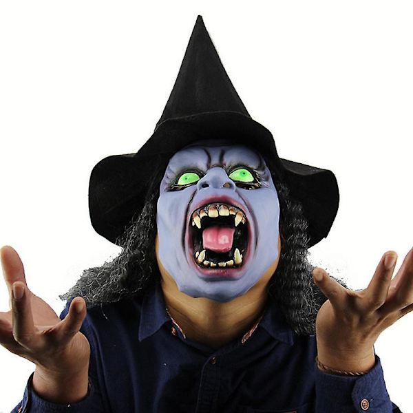 Halloween Läskig Häxa Cosplay Mask Med Svart Långt Hår & Hatt, Skräck Gammal Kvinna Ond Mask Kostym Läskiga Gröna Ögon Häxa Hel Ansikte Latex Mask Party Pro