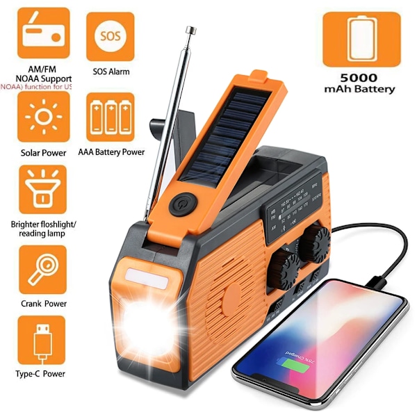 10000mAh Hätätilanteen Aurinkovoimaradio USB-latauksella, Käsikammen Radiolla, FM AM WB NOAA Sääradiolla ja LED-taskulampulla sekä Varavirtalähteellä