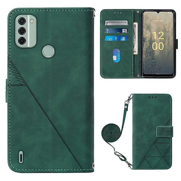 Til Nokia C31 4G Linjer Læder Business Telefon Cover Anti-drop Wallet Stand Flip Case Blackish Green