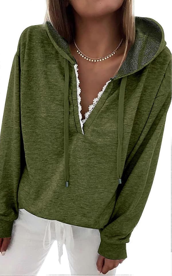 Hettegensere for kvinner, langermet, avslappet, med snor, blondekant, V-hals, ensfarget, pullover Medium