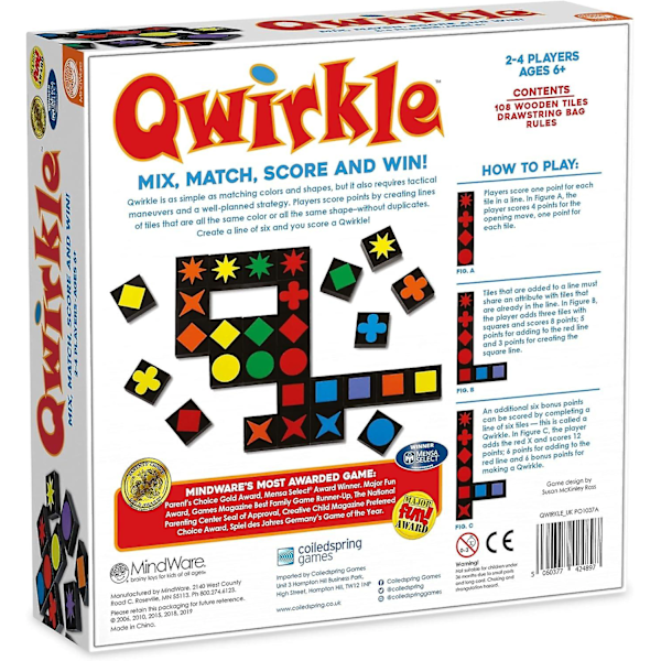 | Qwirkle UK Edition (UUSI) | Lautapeli | 5+ vuotta | 2-4 pelaajaa | Peliaika 45 minuuttia