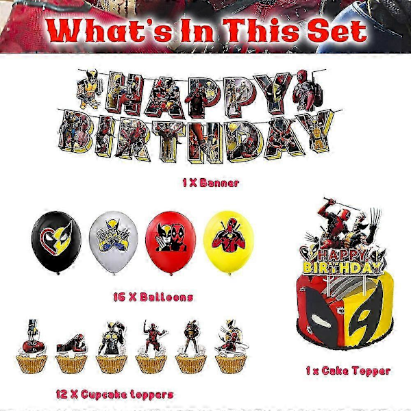 Deadpool & Wolverine Födelsedagsfest Dekoration Banner Ballonger Tårtdekorationer Set