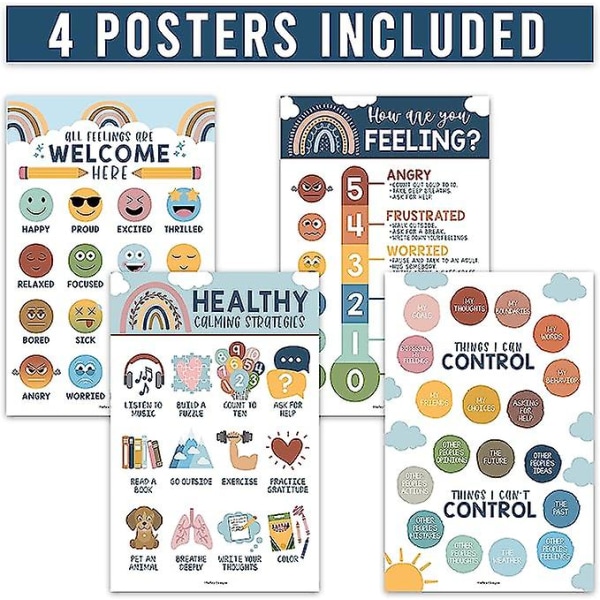 4 Boho Feelings Chart For Kids Learning Posters For Walls - List Of Feelings Plakat For Kids Pædagogiske plakater til klasseværelsesdekorationer, Periodisk T
