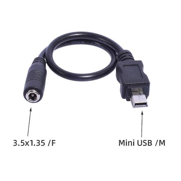 Mini USB 5-polet Han til 3,5x1,35 mm Hun Kabel 20 cm Længde Sort