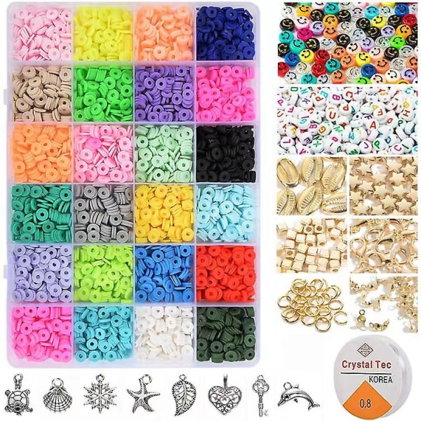 3000 stk lerperler til smykkefremstillingssæt, 24 farver spacer Heishi perler flade runde polymerlerperler med bogstavperler Smil