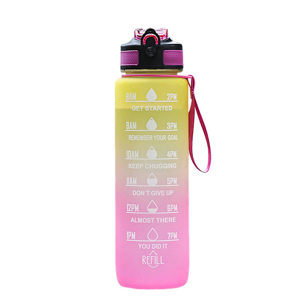 1000ML Sports Vandflaske Motiverende Halm Flaske med Tidsmarkering Lækagesikker Drikkflaske til Hjem Udendørs Pink Yellow