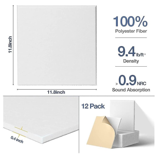 -selvklebende akustiske paneler 12-pakning, 12 x 12 x 0,4 tommers lydisolerende polstring, lydabsorberende panel, hvit