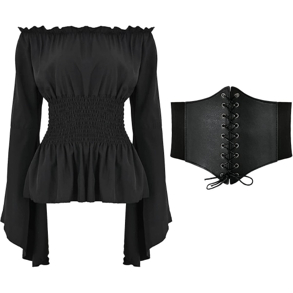 Renaissance bluse for kvinner Korsett midjebelte Middelaldersk viktoriansk off-skulder langermet skjorte Pirate Cosplay kostymer Black XX-Large