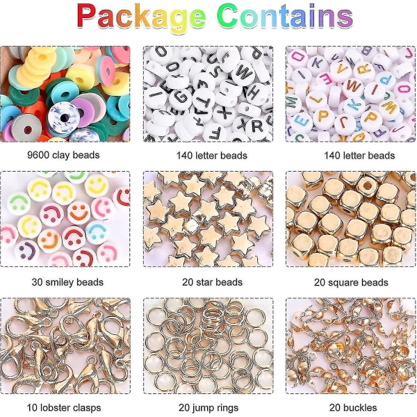 9600st lerpärlor för smyckestillverkning, 96 färger spacer Heishi-pärlor platta runda polymerlerpärlor med bokstavspärlor Smiley -pärlor och elastiska strimlor