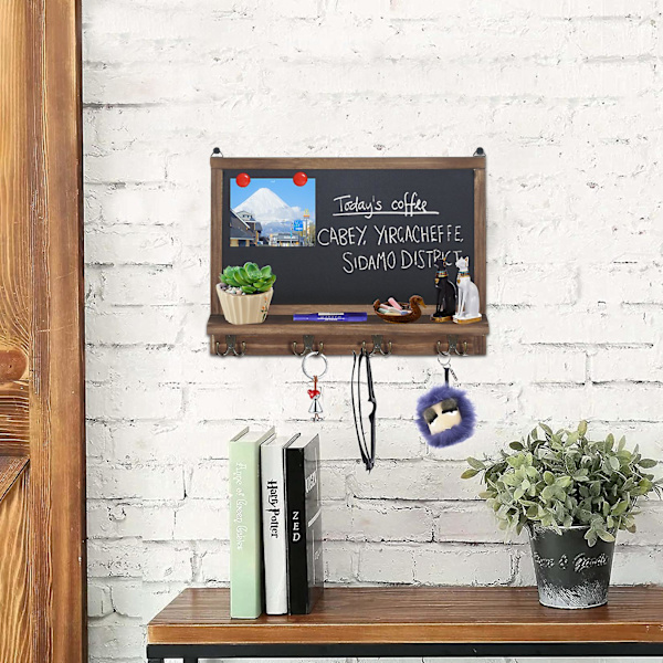Vintage Träramad Magnetisk Griffeltavla med Nyckelkrokar Shabby Chic Blackboard DIY Retro Brown and Black 42x30cm