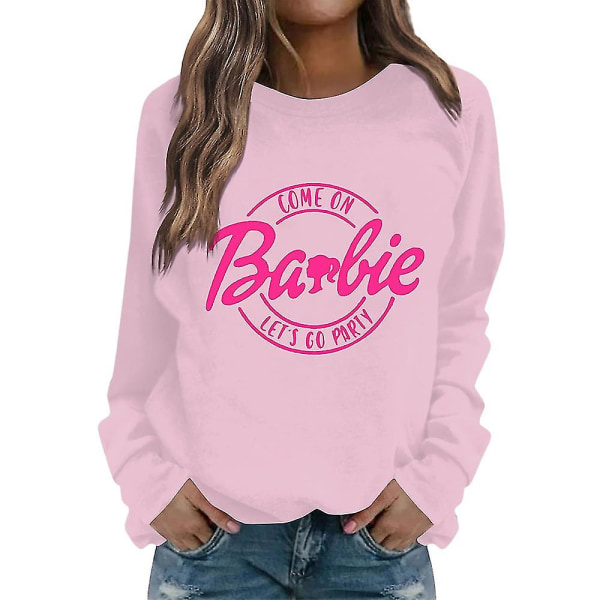 Barbie Dametrykt Langermet Rundhals Uformell T-skjorte Sweatshirt Pullover Bluse Topper Pink 2 2XL