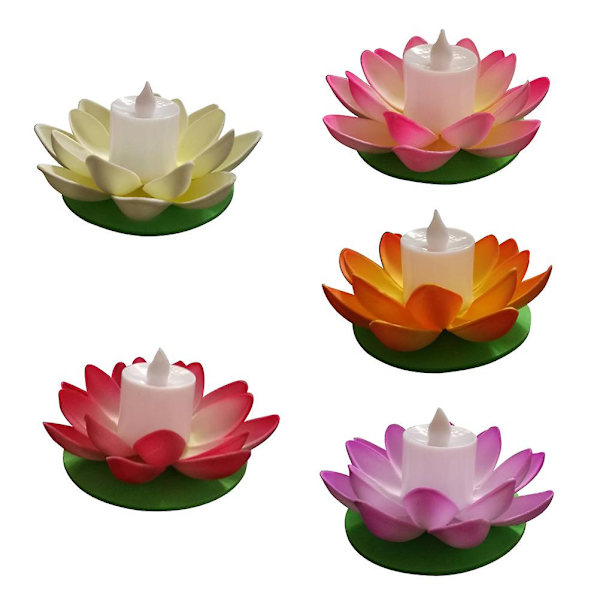 5 st 11,5 cm LED flytande lotuslykta önskande vattenlilja konstgjord ljusblomma lyktor pooldekor för festivalfest (vit+lila+orange+rosa+röd)