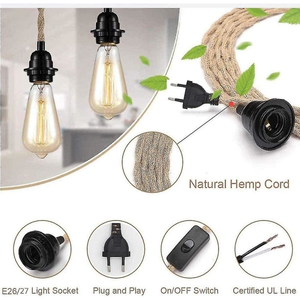 Vintage Hamp Rope Pendel Light Kit Med Switch Plug Diy Single Head Hängande, kabel Rep E27 (brons)