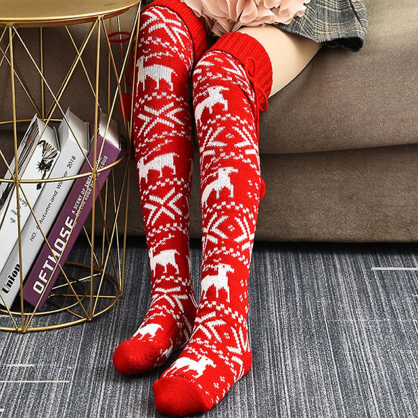 Jul Strikket Over Kne Sokker Fair Isle Leg Warmers Xmas Thigh High Strømper Red