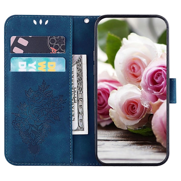 Til Motorola Moto E7 Sommerfugl Rose Præget Læder Telefon Cover Blue