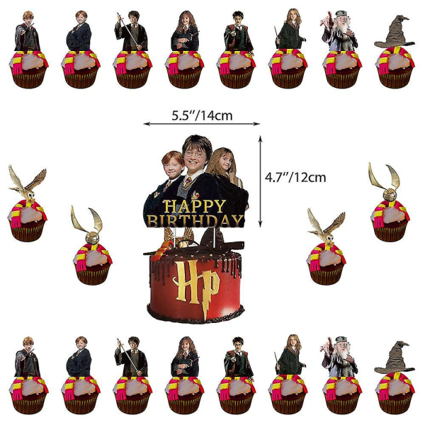 Harry Potter magisk trollkarl tema födelsedag dekoration set innehåller Happy Birthday Banner Ballonger Kit Cake Cupcake Toppers, festtillbehör för barn