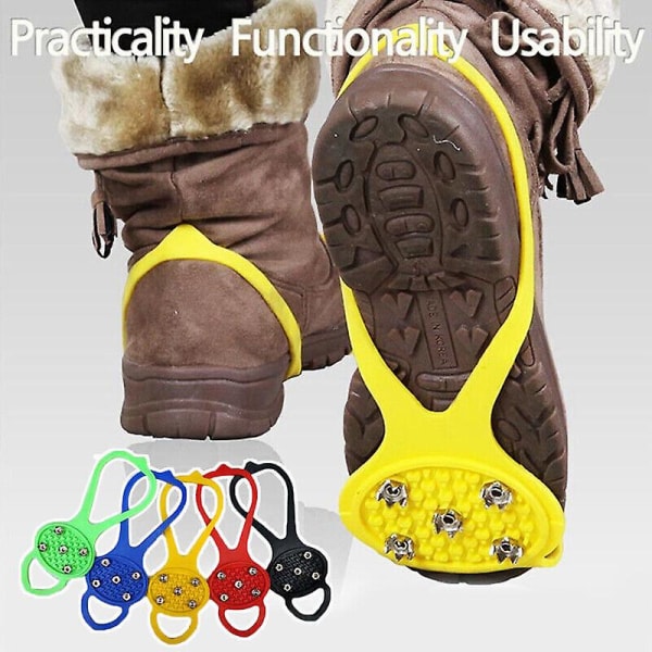 Universal halkfria Gripper Spikes Over Shoes 5 Teeth Crampons Ice Shoes Grippers Yellow M 35-41