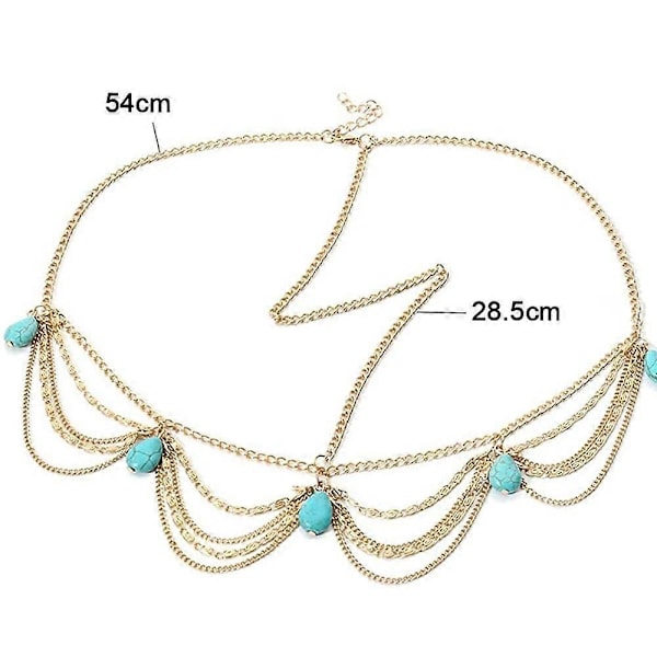 Tizzy Boho Hovedkæde Guld Tassel Lagdelt Hårkæde Hovedpynt Turkis Pande H