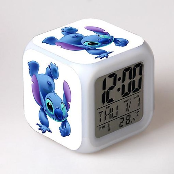 Cartoon Stitch 7 Färg LED Change Digital Väckarklocka Termometer Nattglödande kub För Barn Sovrum (12)