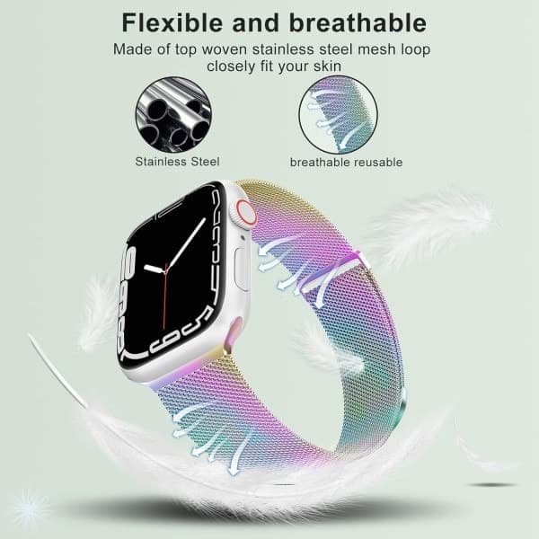 Rustfritt stål mesh loop magnetisk spenne erstatning for iWatch armbånd (41mm/40mm/38mm, Regnbue).