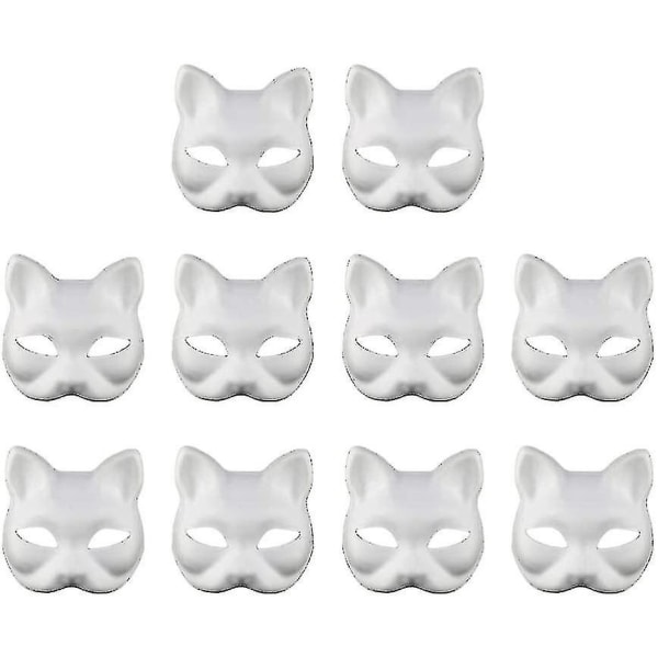 10 stk hvite ansiktspapirmasker blank maske for dekorering av DIY-maleri Masquerade Cosplay Party (kattstil)