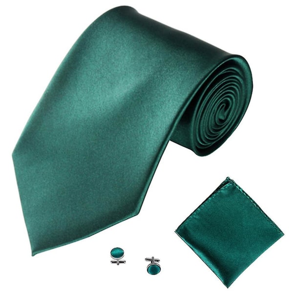 Herremote ensfargede dresser Slips Slips Mansjettknapper Hanky ​​Set Tuxedo Suit Dark Green