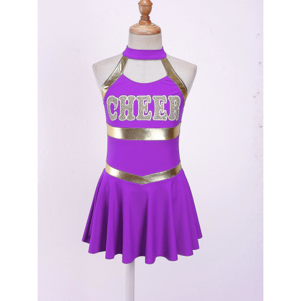 Barn Flickor Ärmlösa bokstäver Printed Dansklänning med tofs Blombollar Set för Cheerleading Kostym Cheerleader Uniformer 14 Purple