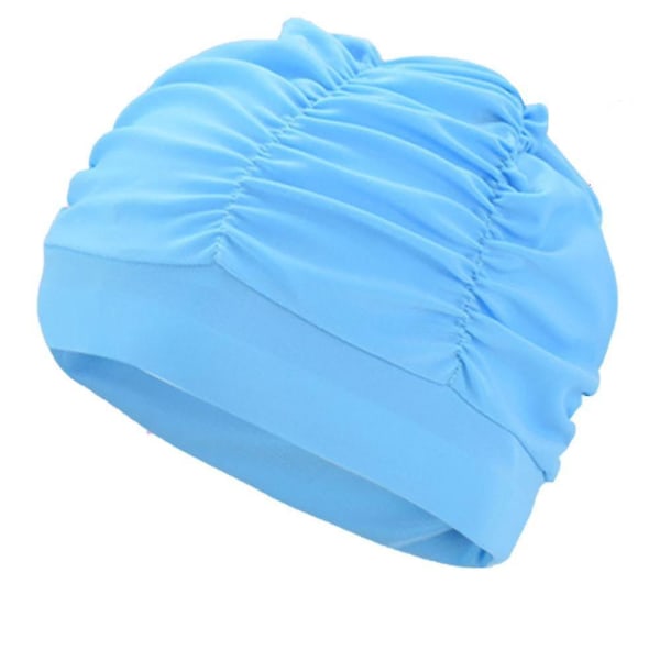 Svømmehette Nylonduk Plissert svømmehette for kvinner langt hår høy elastisk stor badehette Quick Dry Swim Hat Light Blue