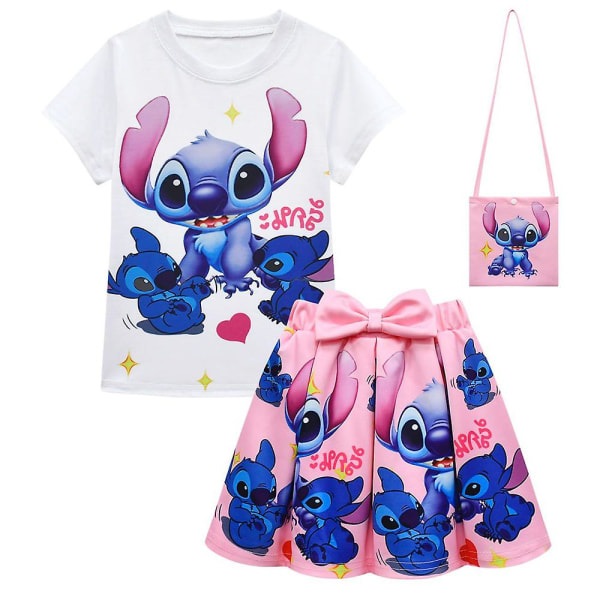 6-10 år Barn Flickor Lilo and Stitch T-shirt printed + plisserade kjolar + väskor Outfit Set Festklänning Presenter Pink 9-10 Years