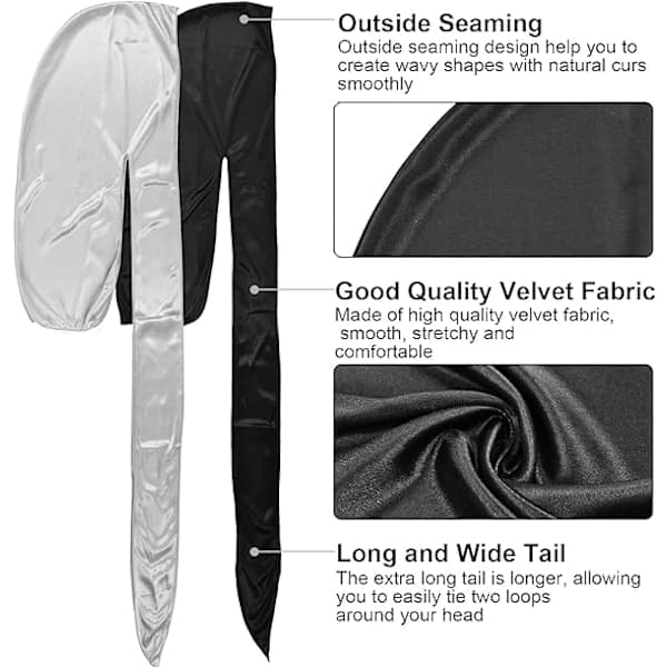 2 stk. sort sølv silkeagtig Durag unisex hue hat Durag til mænd kvinder