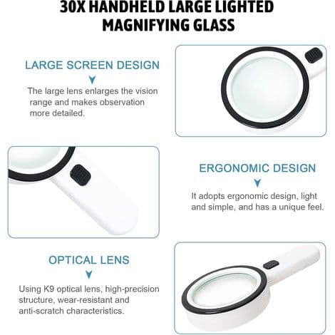 30x leseforstørrelsesglass med 12 LED-lys - Opplyst leseforstørrelsesglass for eldre - Ideelt for lesing