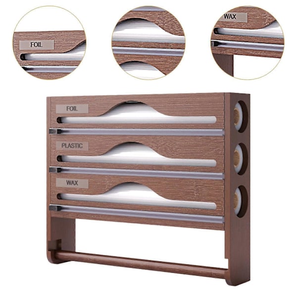 Wrap Dispenser Bambus Aluminiumfolie og Bagepapir Opbevaring 4 in 1 brown